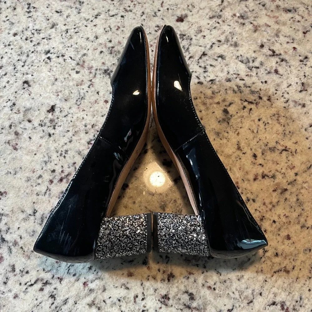 Kate Spade‎ Pumps Womens 8.5 Black Patent Leather Glitter Block Heel Almond Toe